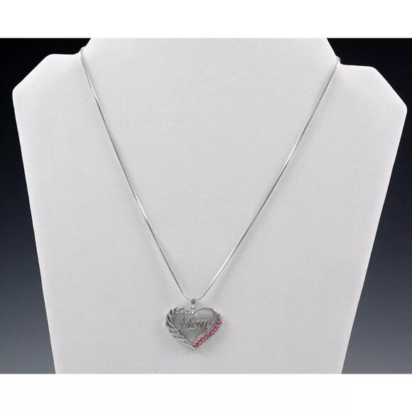 Mom‎ Heart Pendant Necklace Pink Birthstone Silver Tone Mother’s Day Gift - Picture 2 of 3